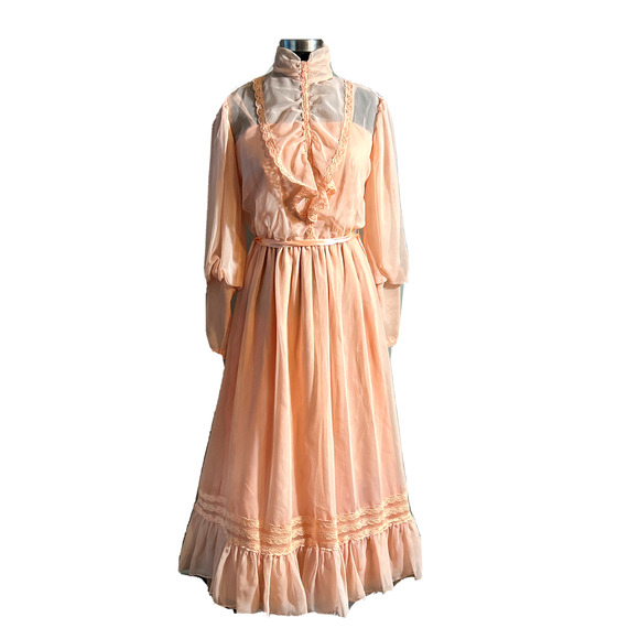 Vintage 70's Pink Victorian Lace Ruffles High Neck Prairie Long Sleeve Dress - Picture 1 of 9